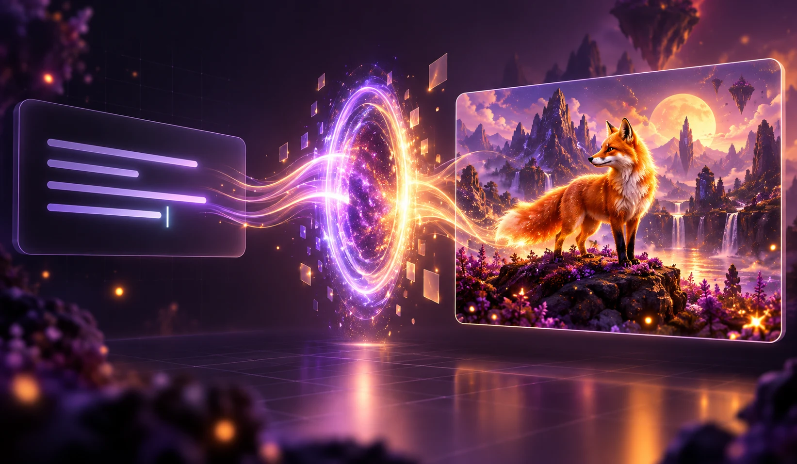 A written prompt transforming into an AI-generated image of a fox in a fantasy landscape