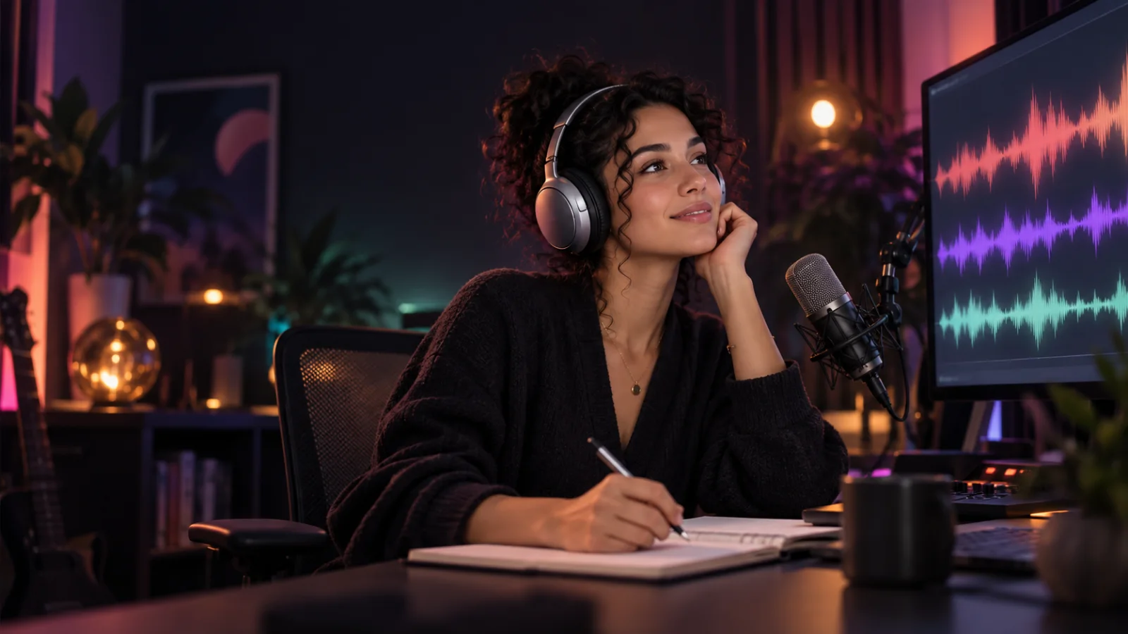 Content creator listening to an AI voiceover in a professional studio