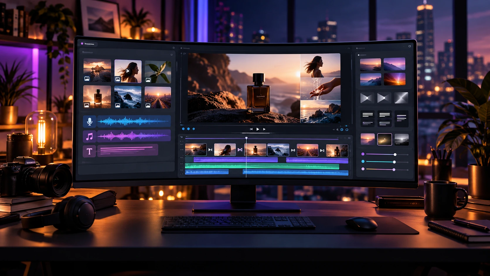 AI video creation studio with media, voice, music, captions and a multitrack timeline