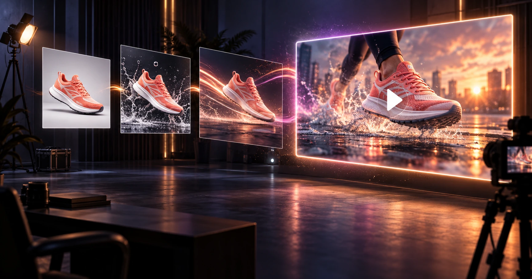 Still product images transforming into a cinematic AI video sequence