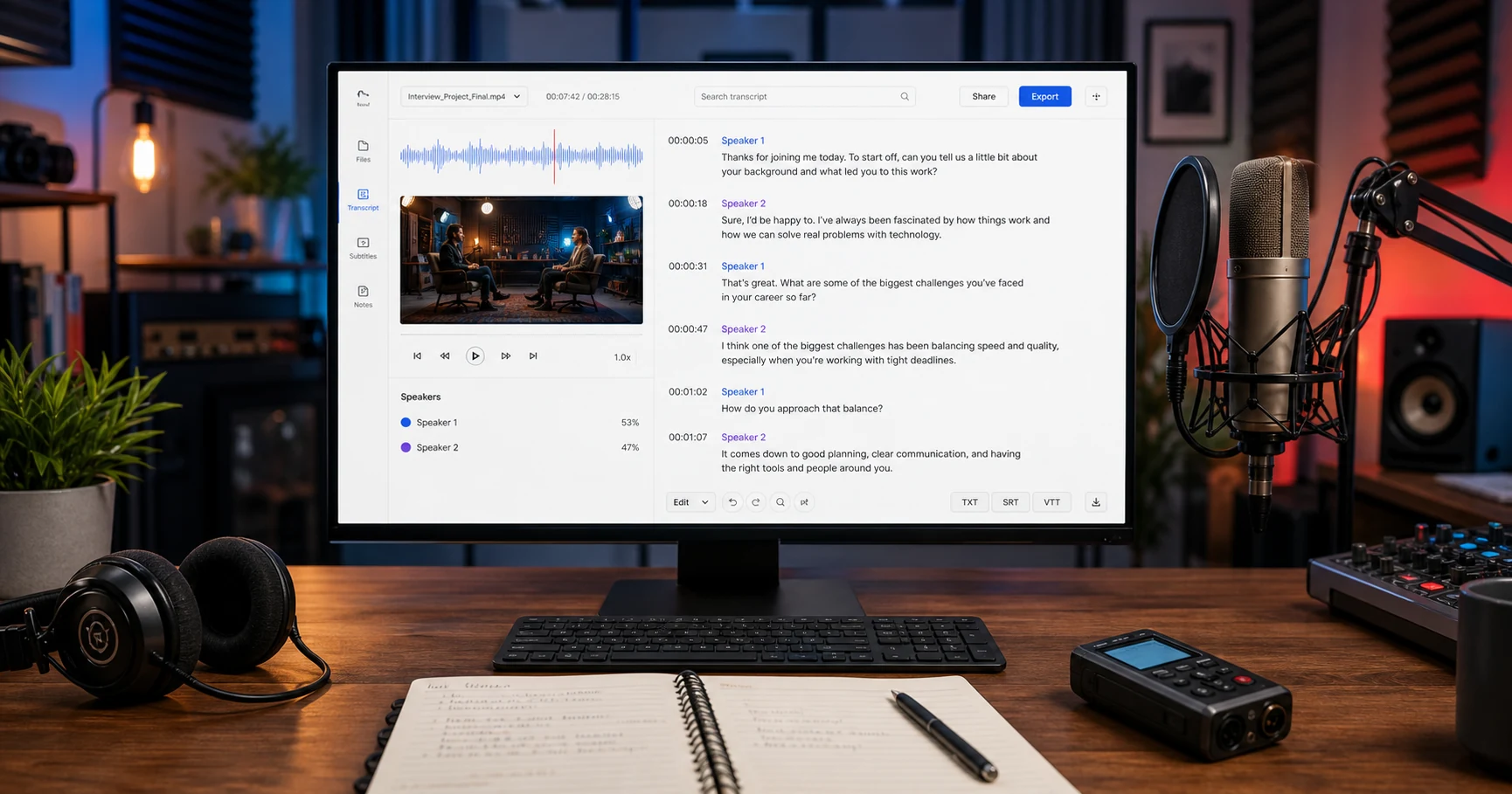 Professional studio with audio and video transcription interface, waveform and timestamped text