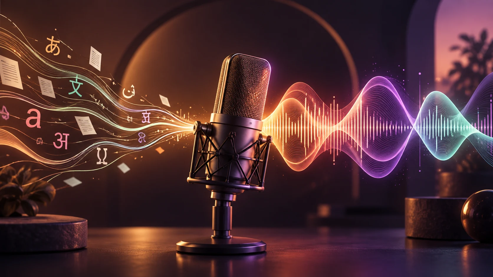 Written words transforming into colorful sound waves around a studio microphone