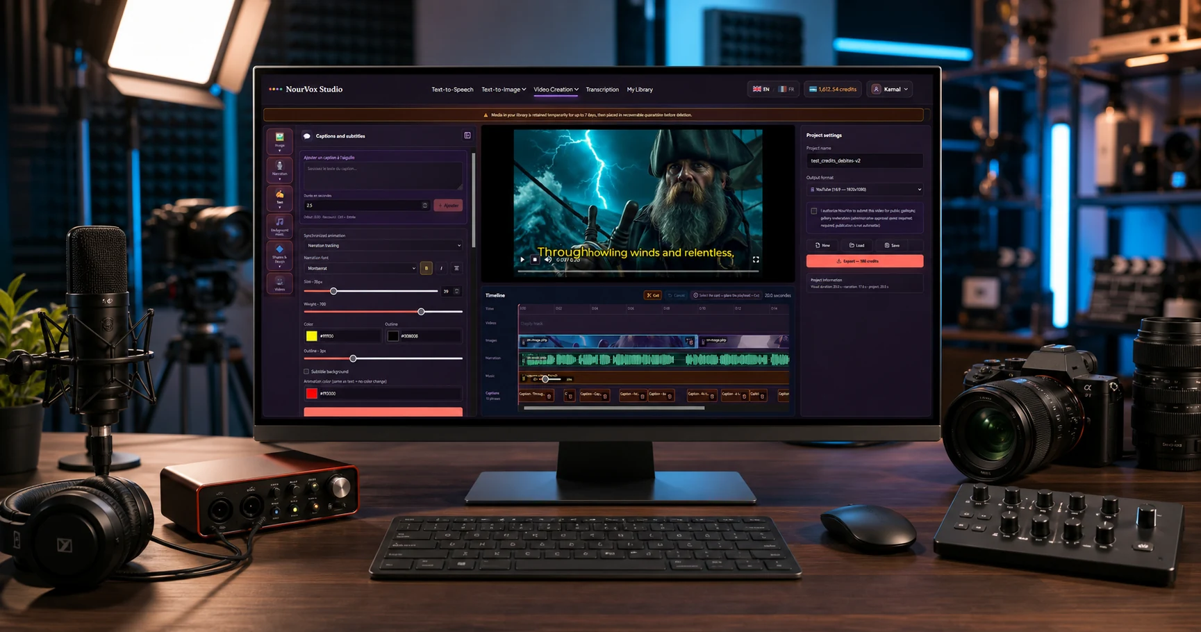 Professional studio with the NourVox video editor displayed on a large monitor