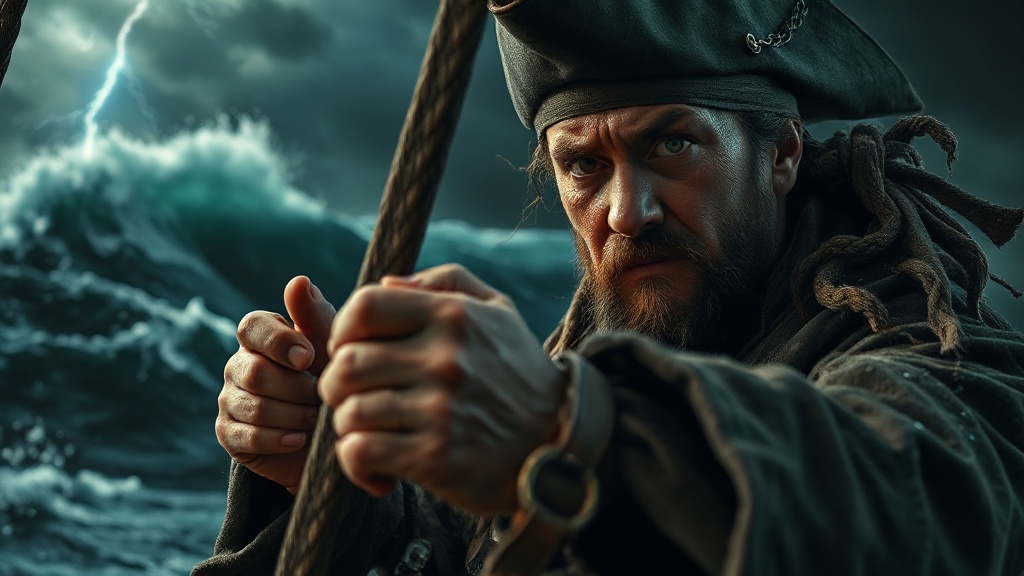 A cinematic close-up shot of a rugged pirate captain g — FEB554