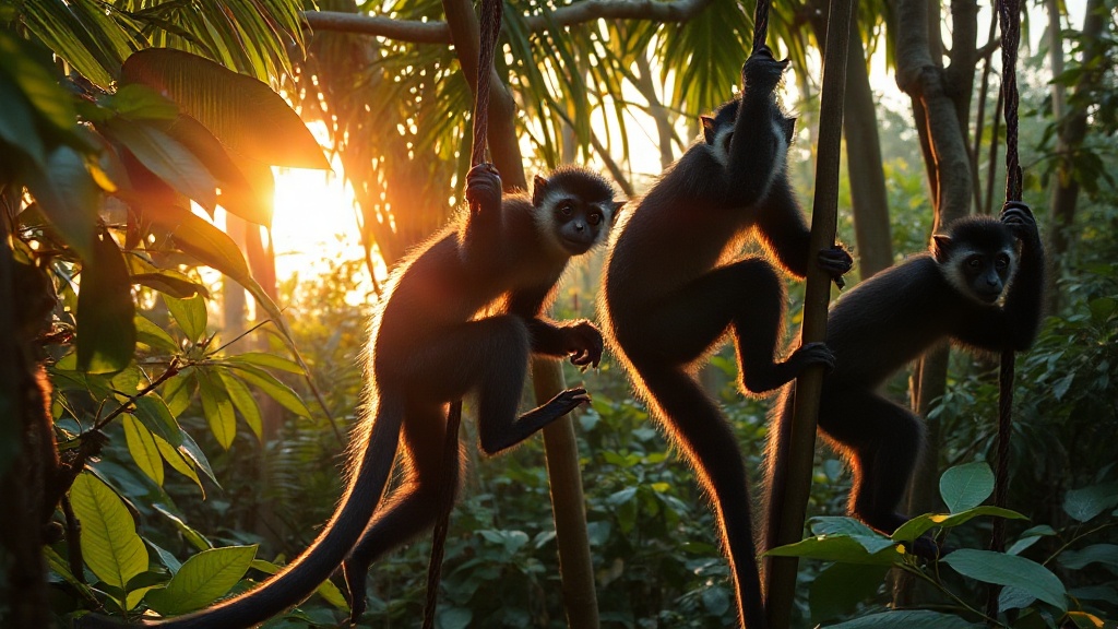 Un groupe de trois singes joueurs grimpant sur des lia — CC2ADB