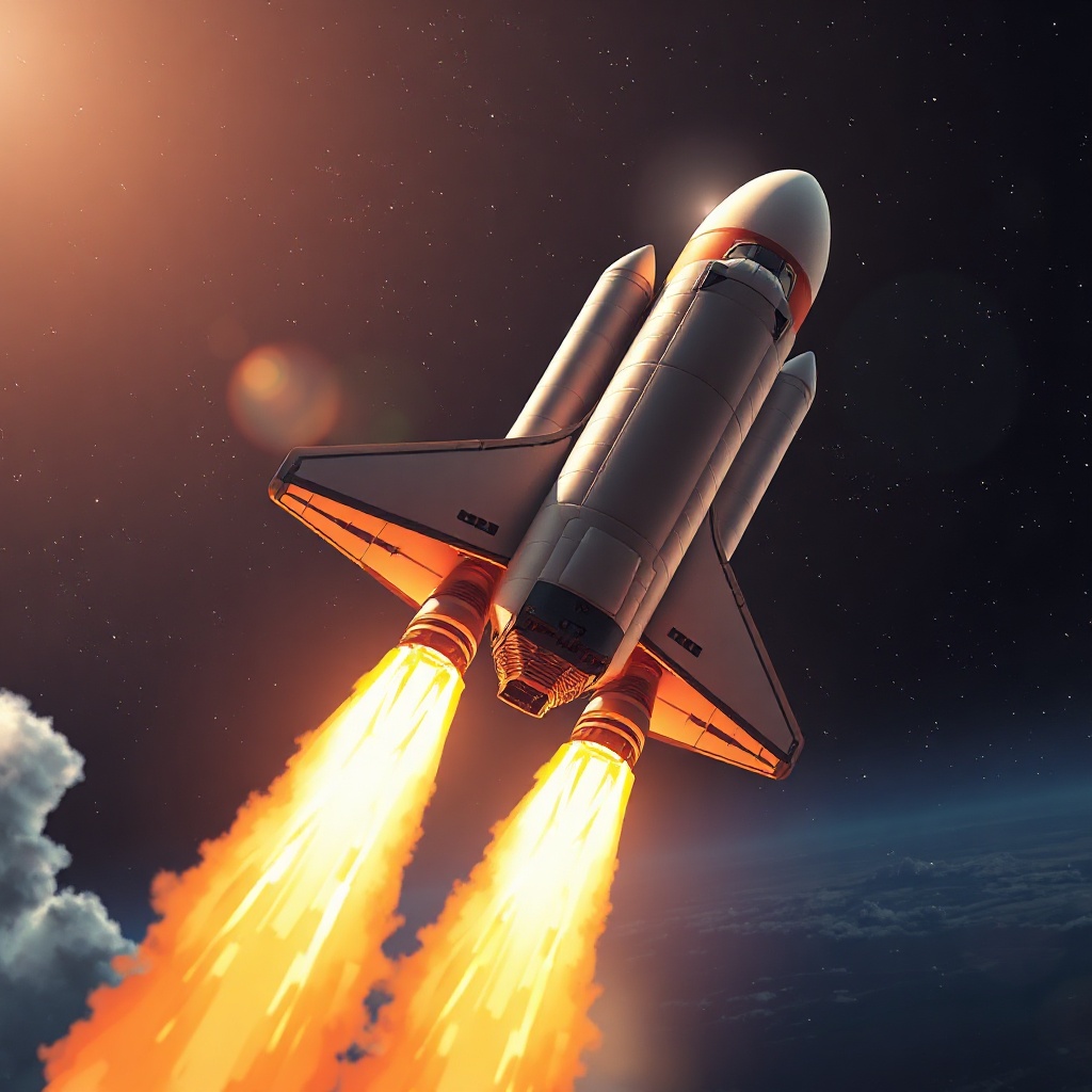 Anime-style space shuttle launching into orbit, viewed — 573057