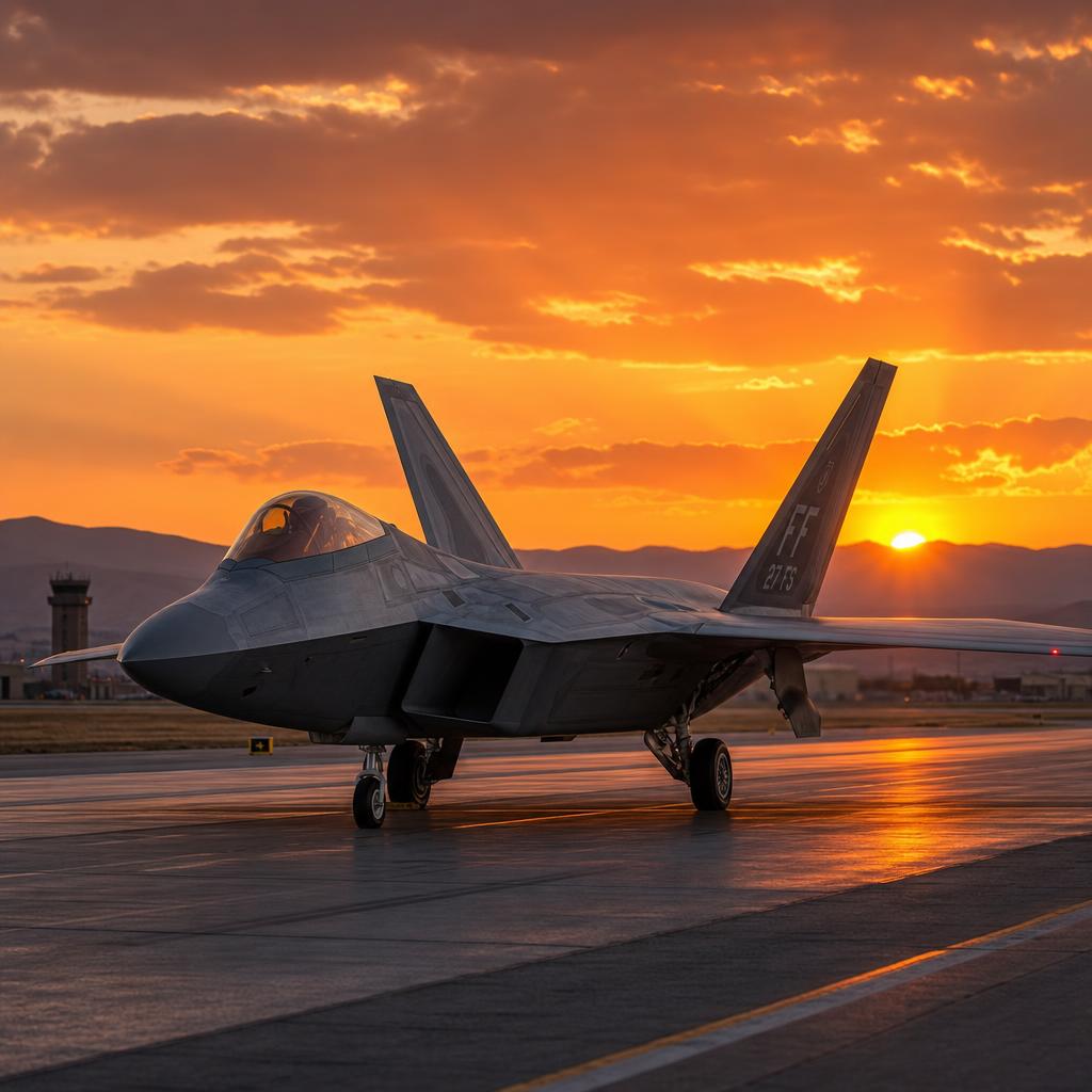 Un avion de chasse F-22 militaire moderne sur une pist — 9958F3
