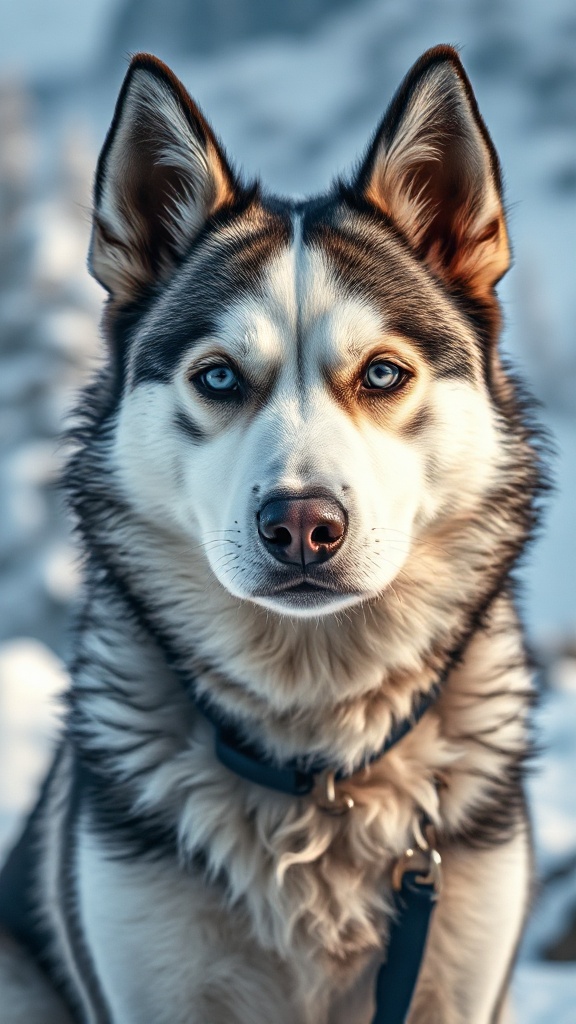 Husky aux yeux bleus, pelage gris et blanc, montagne e — 01727A