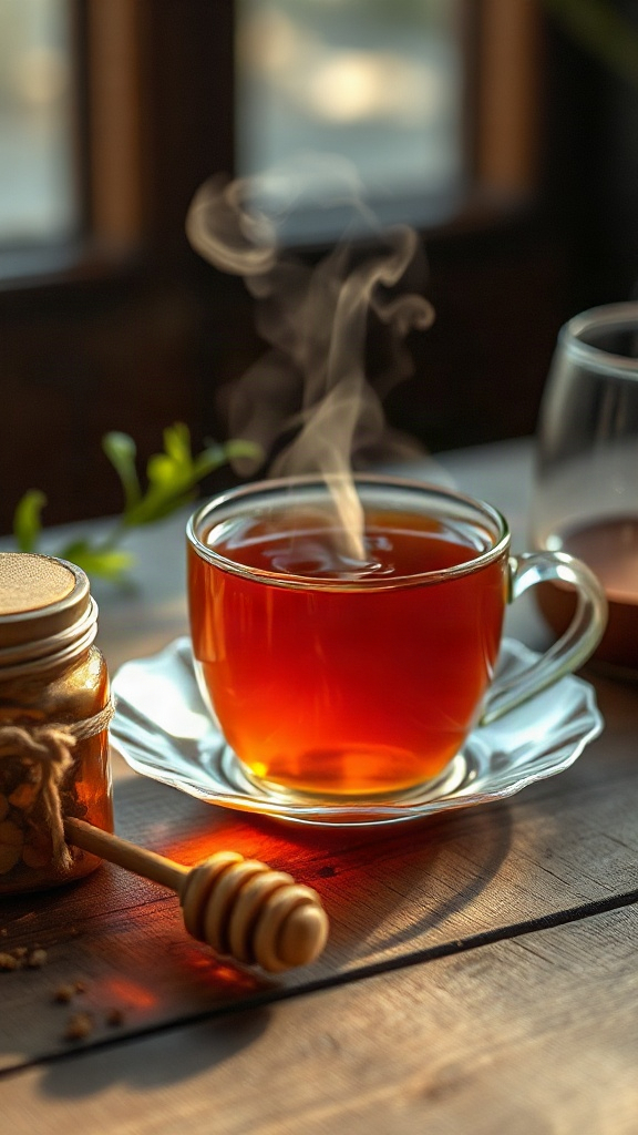 photorealistic image of a steaming cup of herbal tea w — D53E40