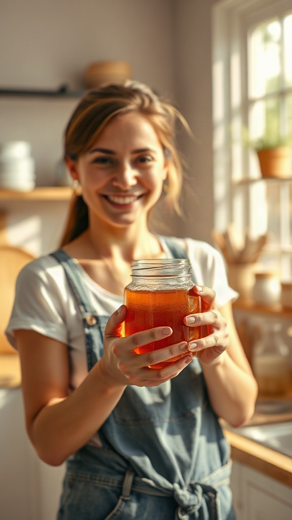 photorealistic image of a smiling person holding a jar — 156C04