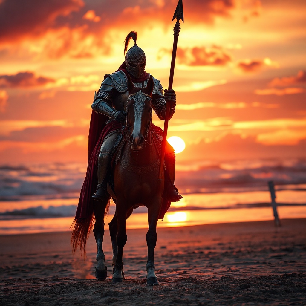 A photorealistic scene of a lone cavalier wearing deta — C7B98F
