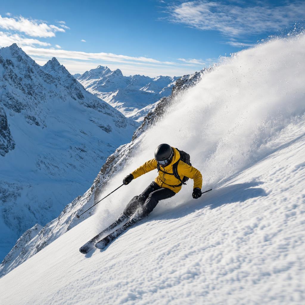Un skieur entrain de skier dans montagne de neige en d — AF3E58
