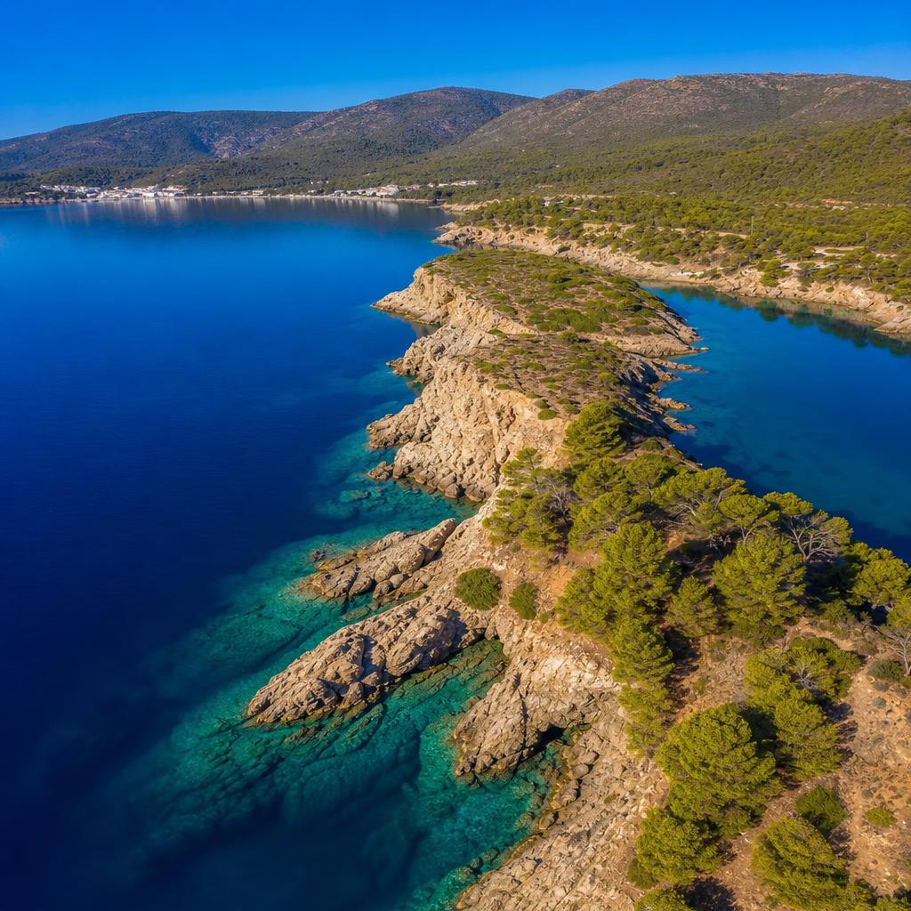 High-altitude aerial drone photograph of a secluded, c — 1AA894