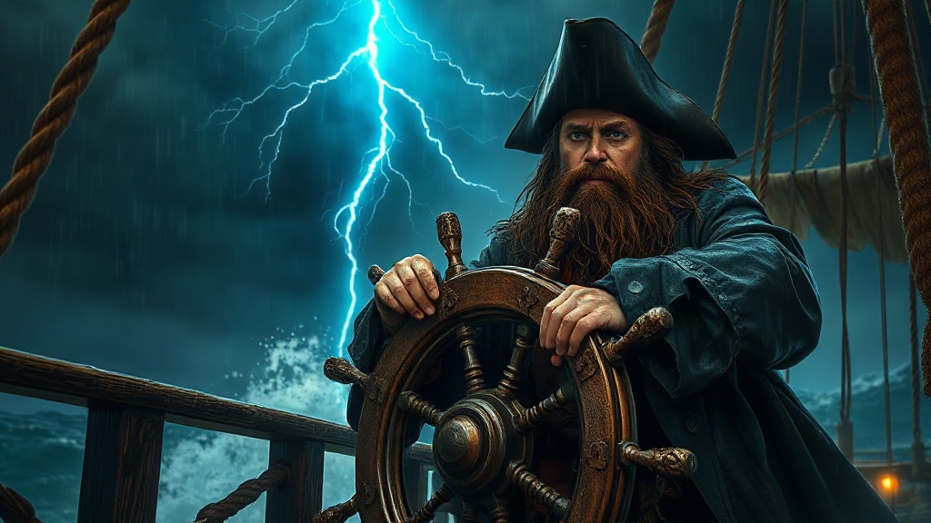 A battle-worn pirate captain with a soaked beard and d — 49AB55