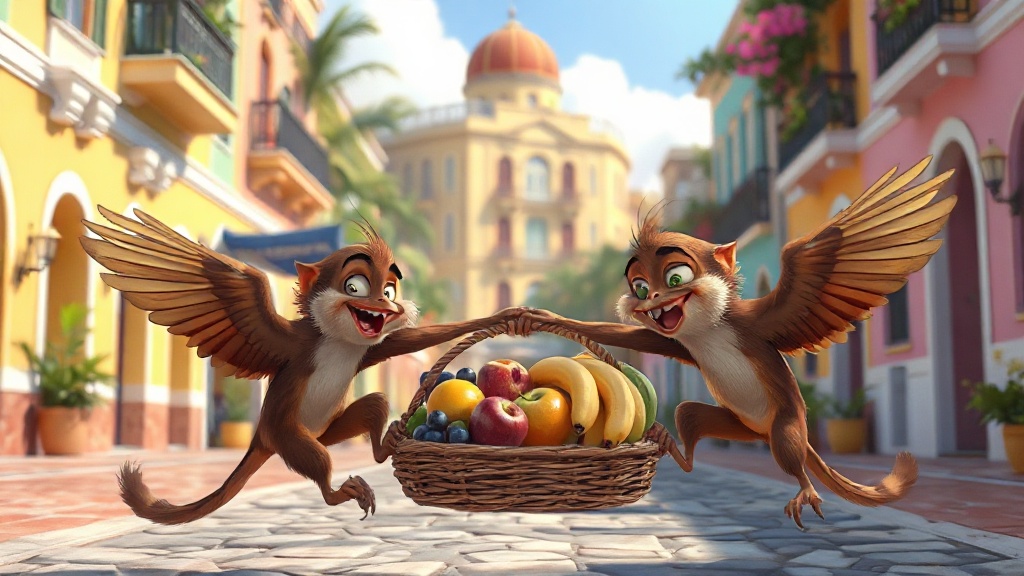 Deux singes malicieux volant un panier de fruits color — 8009FD
