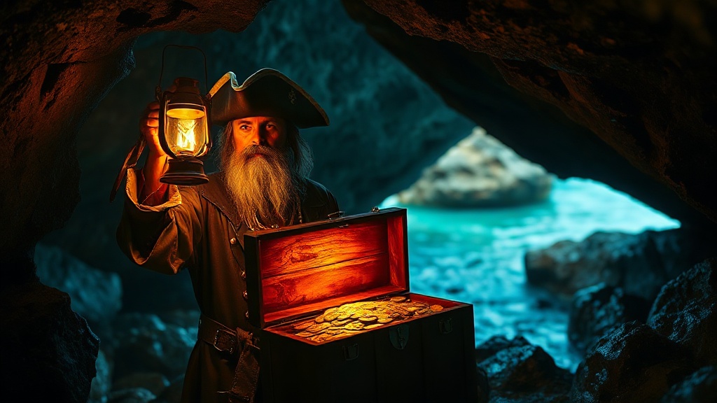 A wide cinematic shot of a rugged pirate captain with  — 8C81E2