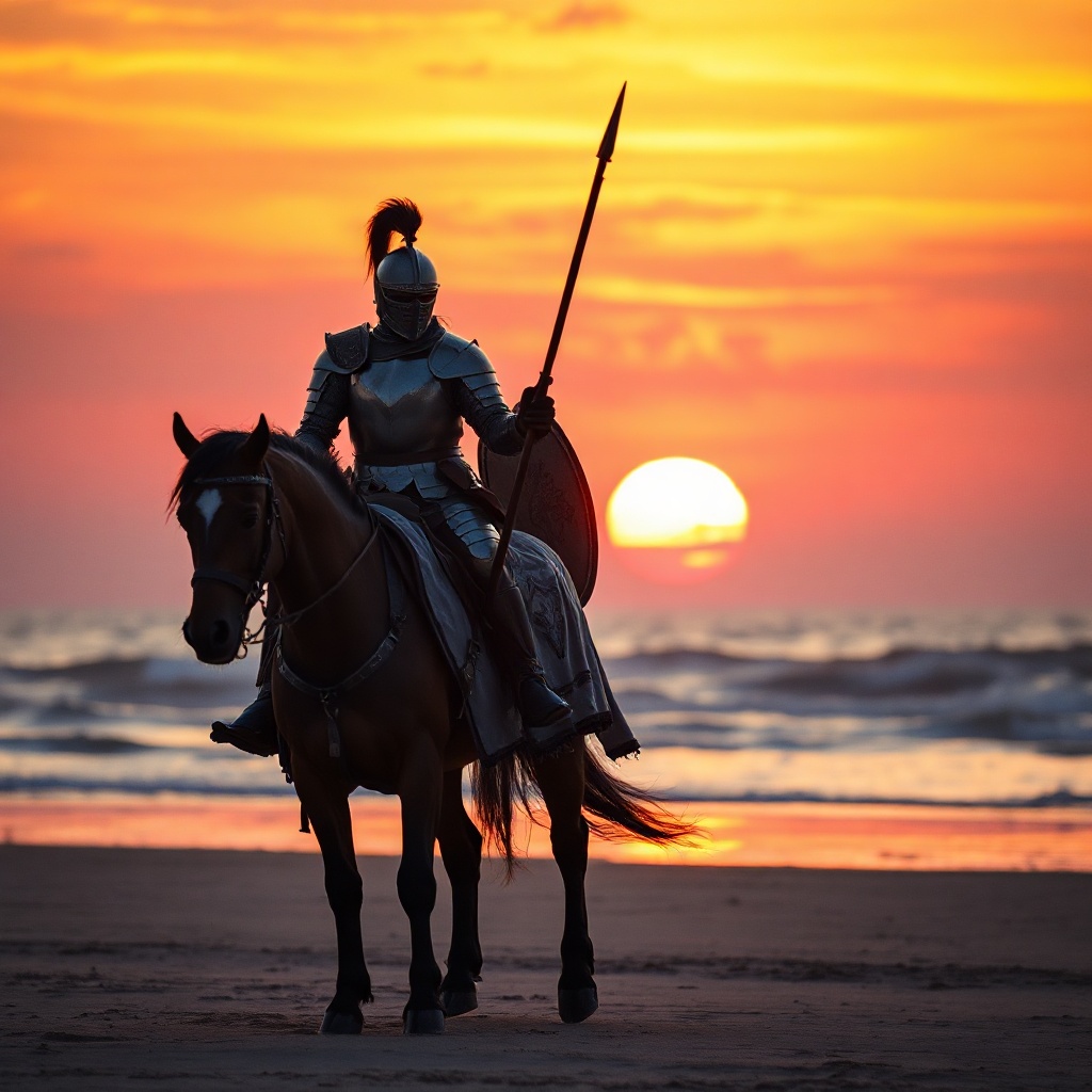 A lone cavalier clad in detailed medieval armor, mount — 217767
