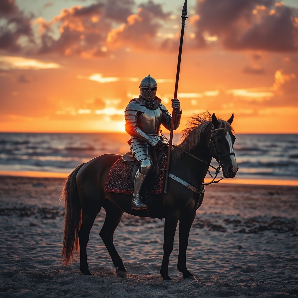 A lone cavalier clad in detailed, gleaming medieval ar — 11C491