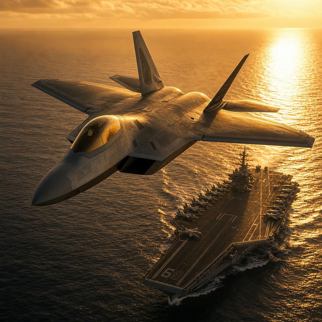 Un avion de chasse F-22 volant au-dessus d'un porte av — 19C41C