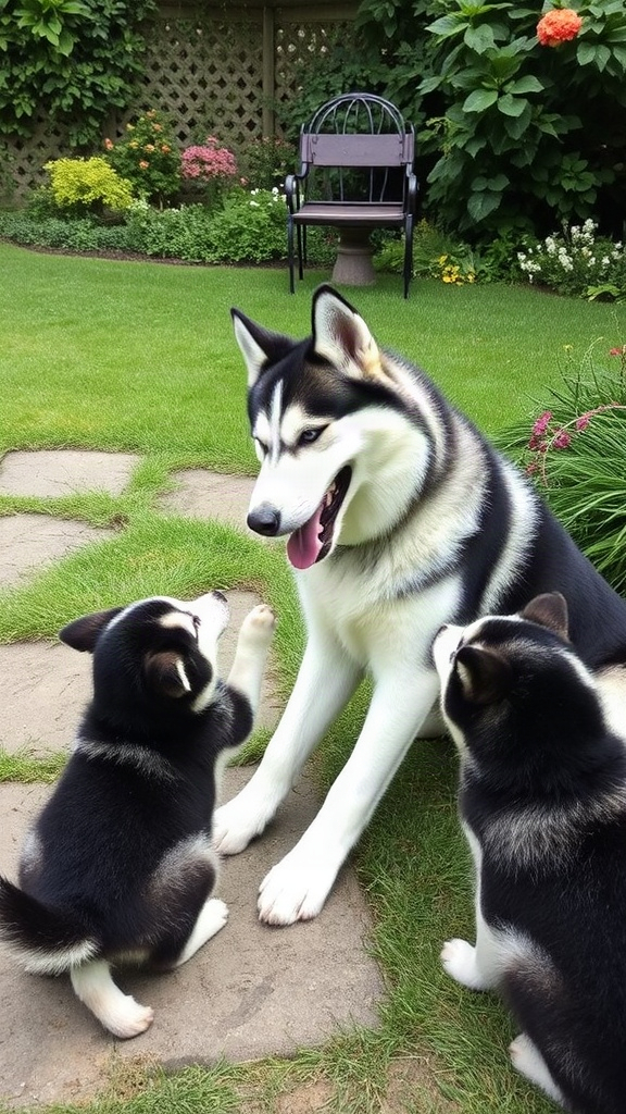chien husky qui joue avec ses petits dans un jardin — 9B8878