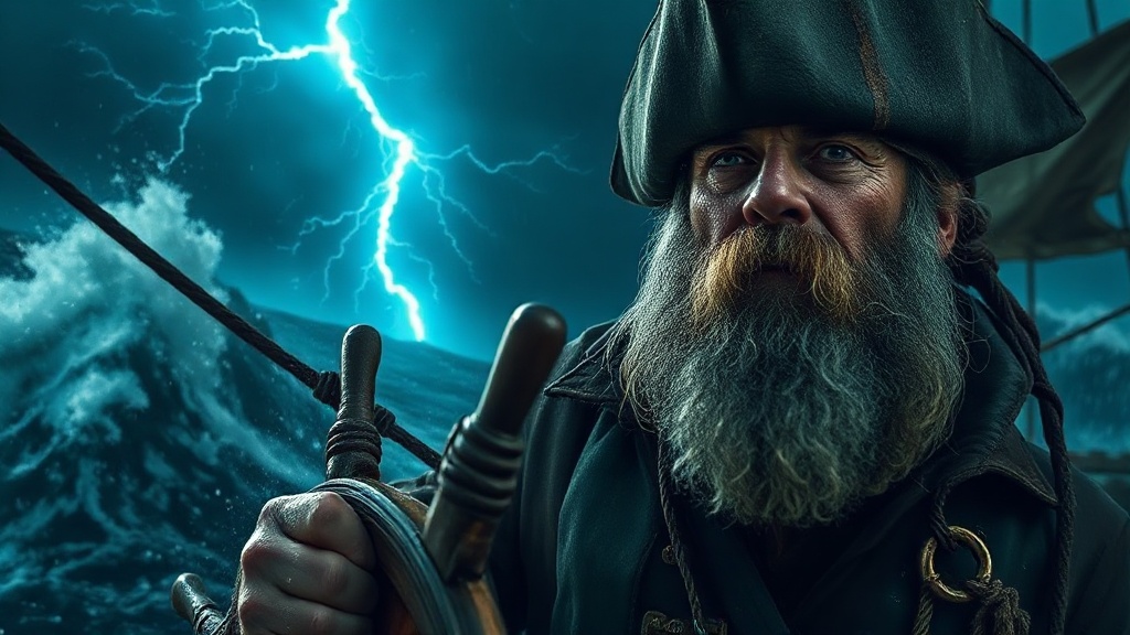 A cinematic medium shot of a weather-beaten pirate cap — 9FC7D1