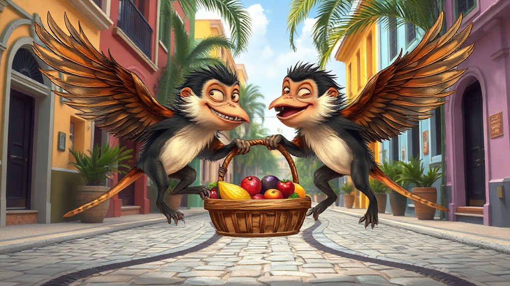 Deux singes malicieux volant un panier de fruits color — 8BC9B8