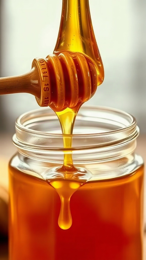 photorealistic close-up of golden honey dripping from  — 1D18DE