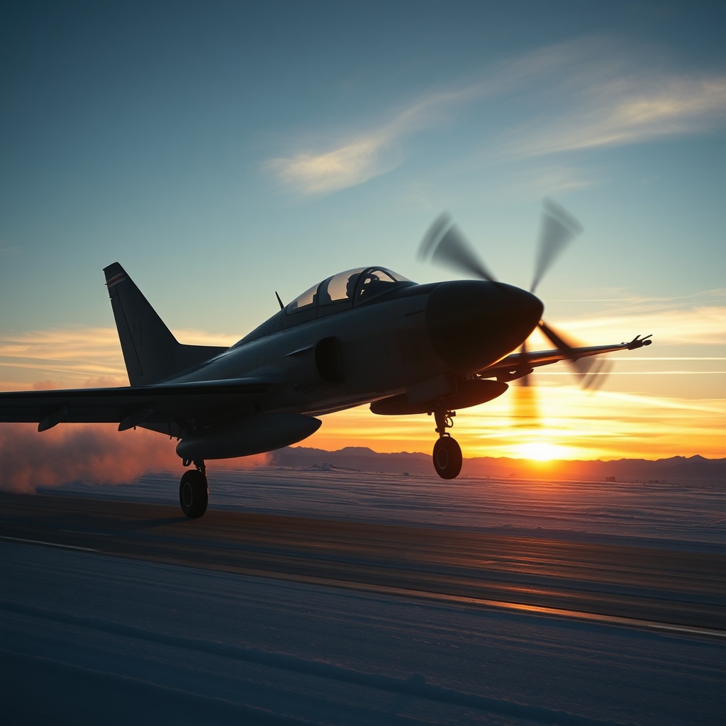 Un avion militaire moderne sur une piste au coucher du — 8F4AC4