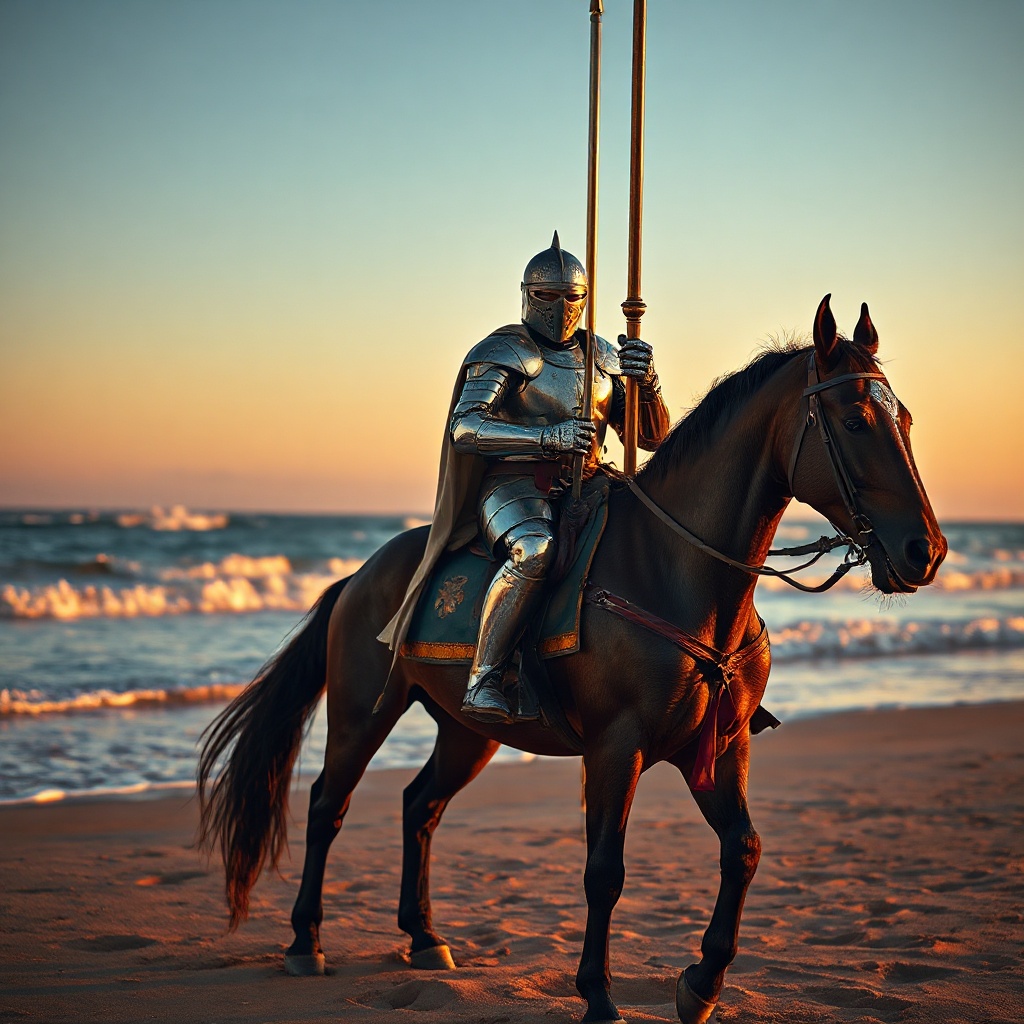 A photorealistic scene of a lone cavalier in shining m — 20D6D1