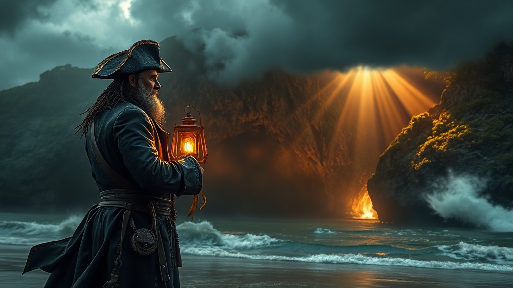 A weathered pirate captain in a drenched dark leather  — 2A617E