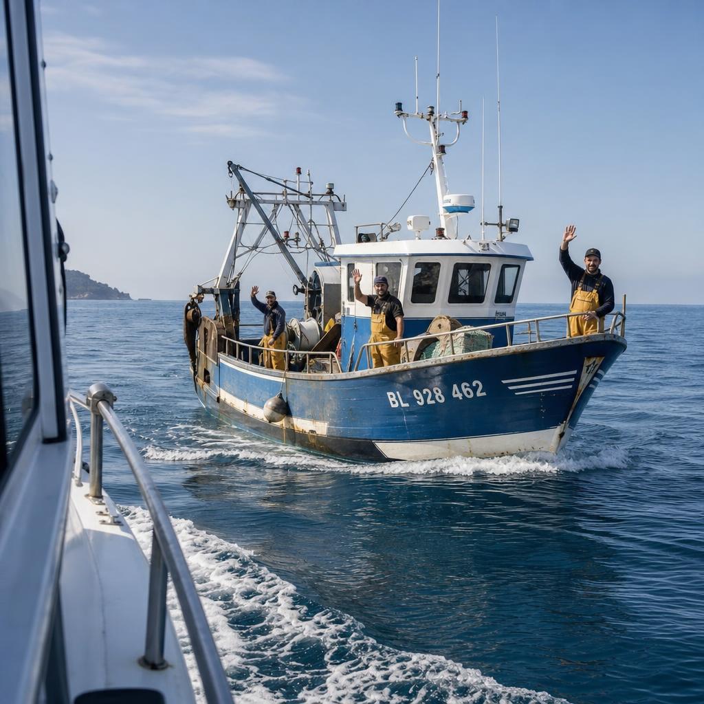 un bateau de pêche qui navige dans une mer tranquille  — 1BAAFB