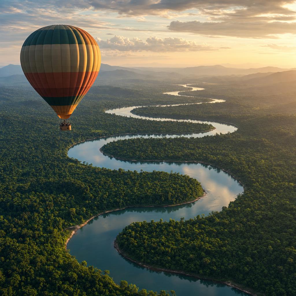 mongolfiére volant au dessus d'une forêt avec une fleu — 759EE7