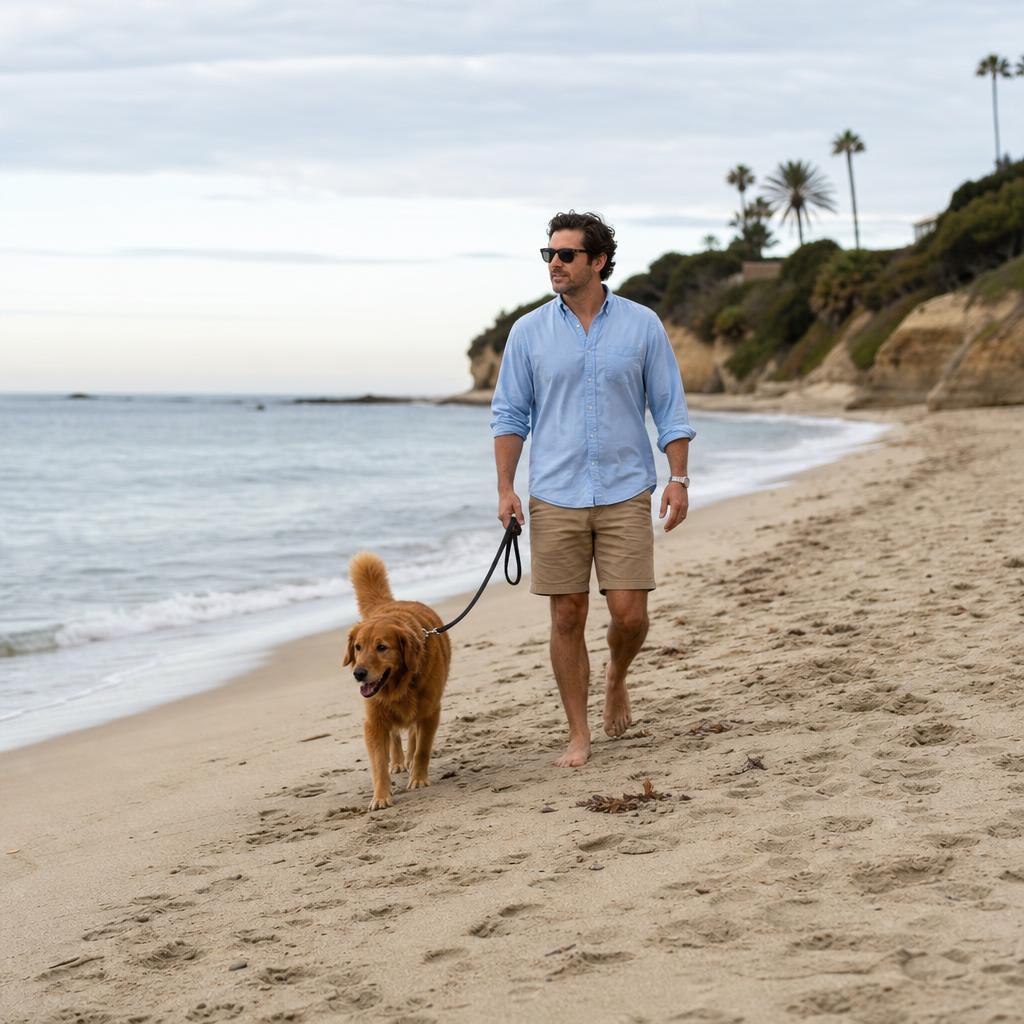 a man walking his dog on the beach. Visual style: phot — 2D09A0