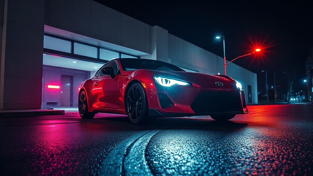 A metallic red modern sports car exiting a high-end mi — 2628D5