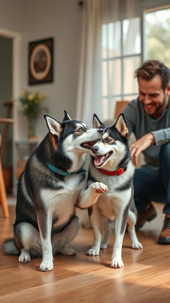 Un chien Husky joue avec son maitre à la maison — 7CE9EC