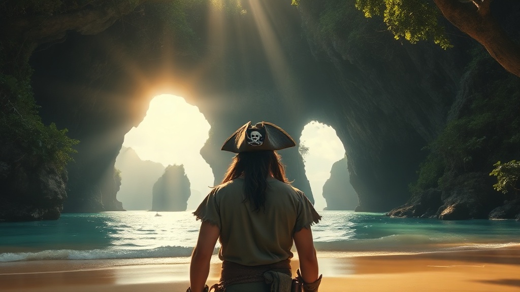 A wide cinematic shot of a rugged, weathered pirate ca — B6D8CF