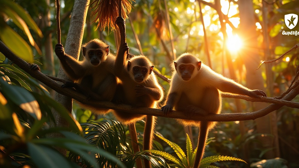 Un groupe de trois singes joueurs grimpant sur des lia — C71165
