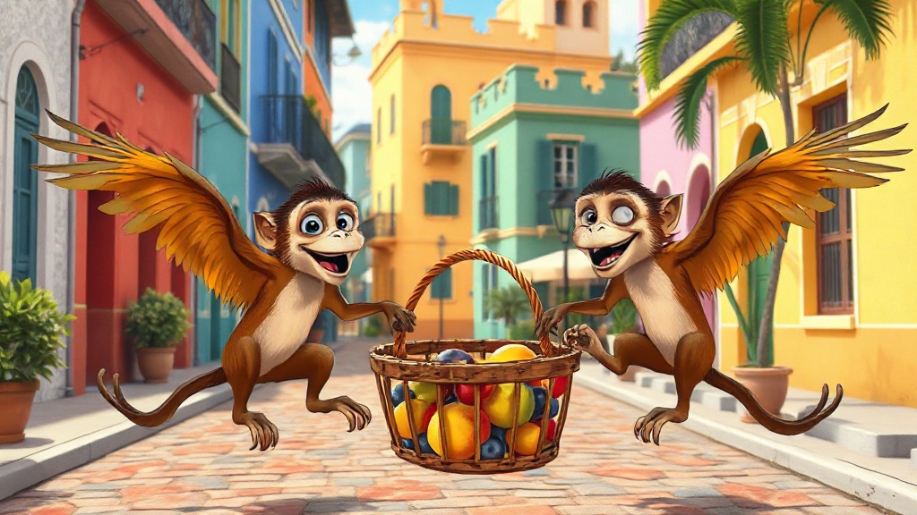 Deux singes malicieux volant un panier de fruits color — C670A0