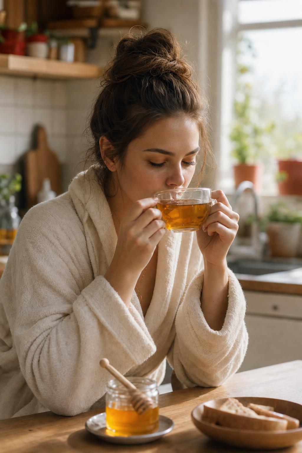 photorealistic image of a person drinking warm tea wit — AACEEE