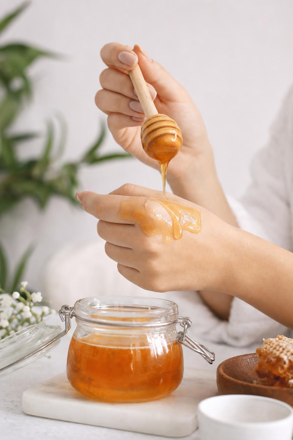 photorealistic close-up of hands applying honey as a n — 05AAA9