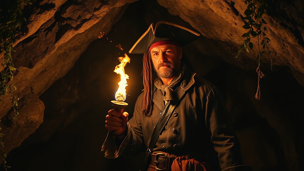 Plan moyen d'un capitaine pirate au visage buriné, vêt — A0B3AA