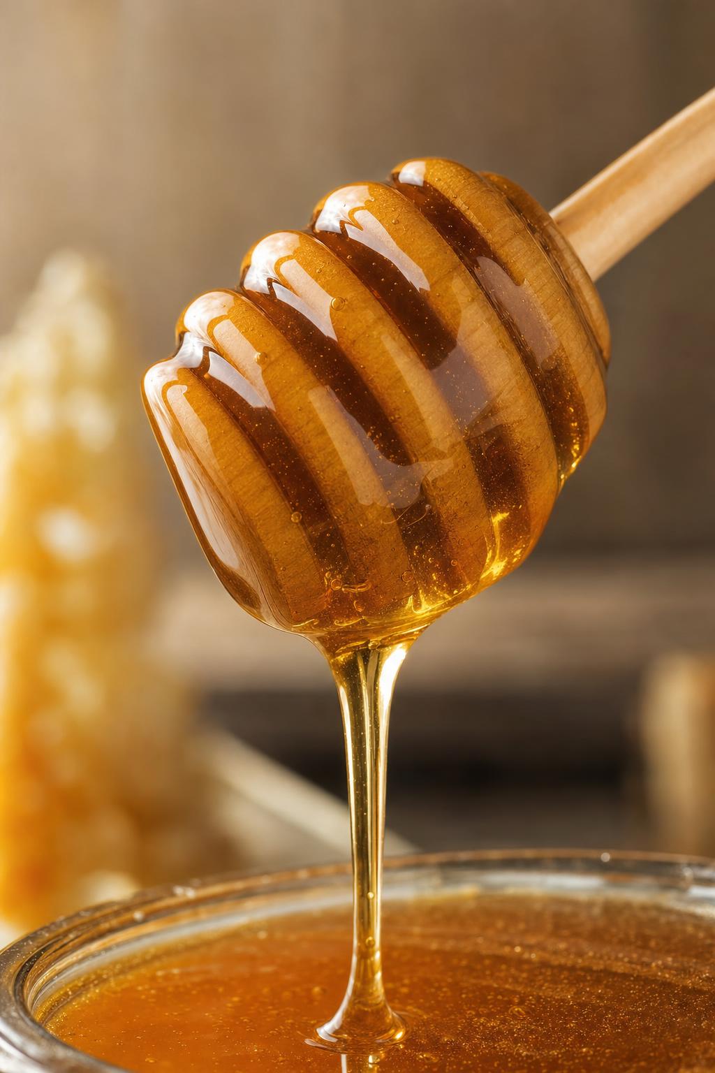 photorealistic close-up of golden honey dripping from  — ED153E
