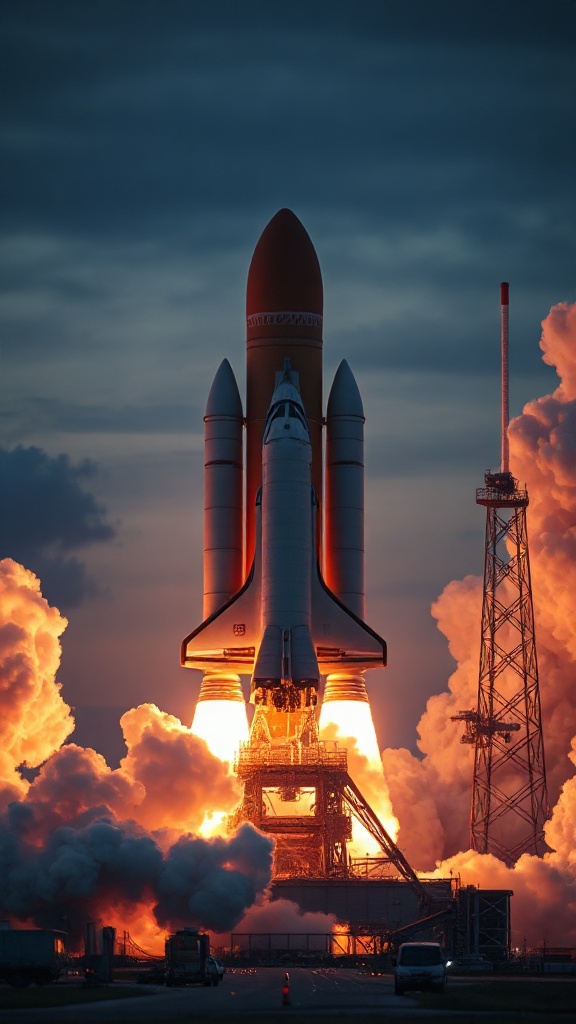 Space shuttle launch at dawn, massive orange and blue  — B2B0D4