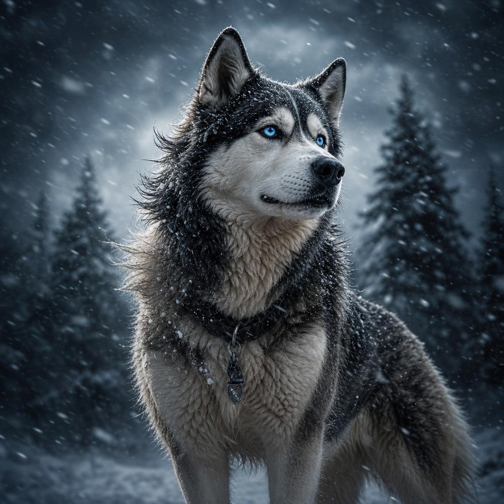 A majestic husky standing strong in a fierce snowstorm — B26C31