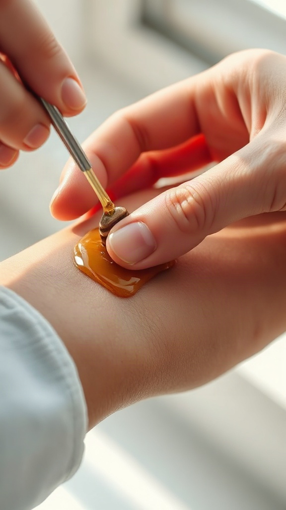 photorealistic scene of a hand applying honey on a sma — 88B5FF