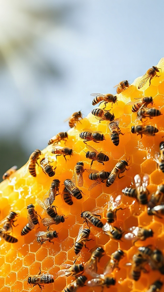 photorealistic image of fresh honeycomb with bees work — 2131C0