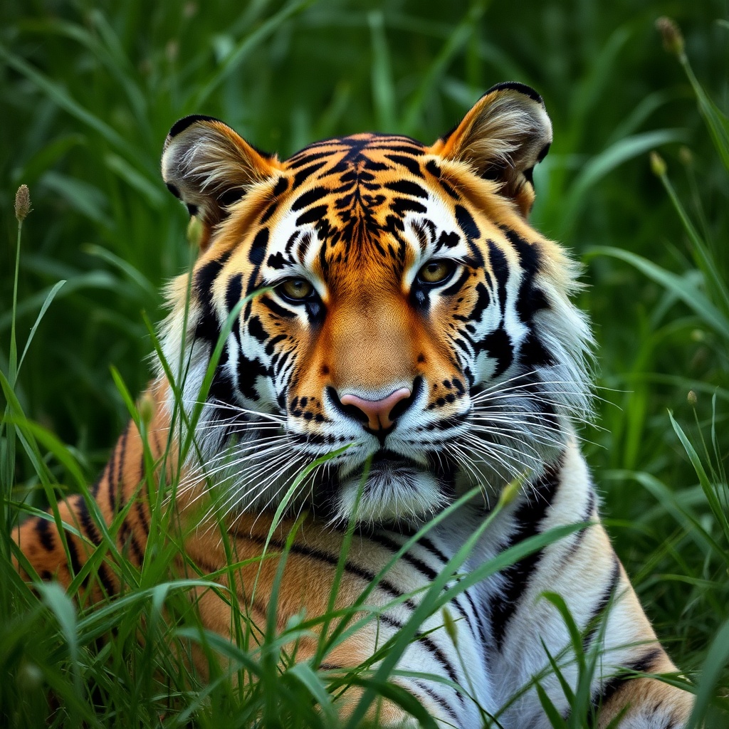 tigre qui court dans un champs vert avec vue sur son v — FFC661
