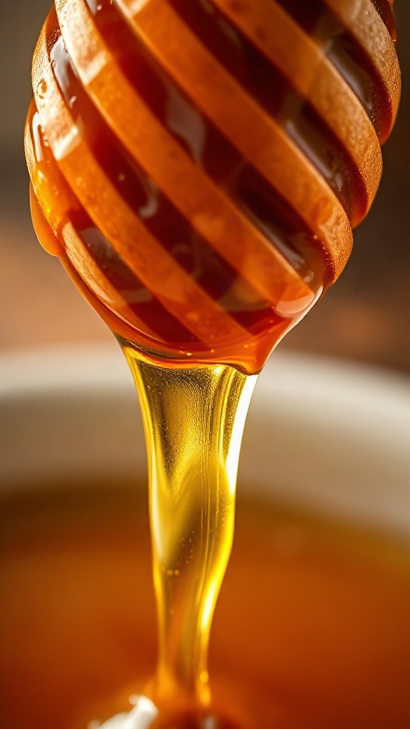 photorealistic close-up of golden honey dripping from  — 91D9A1