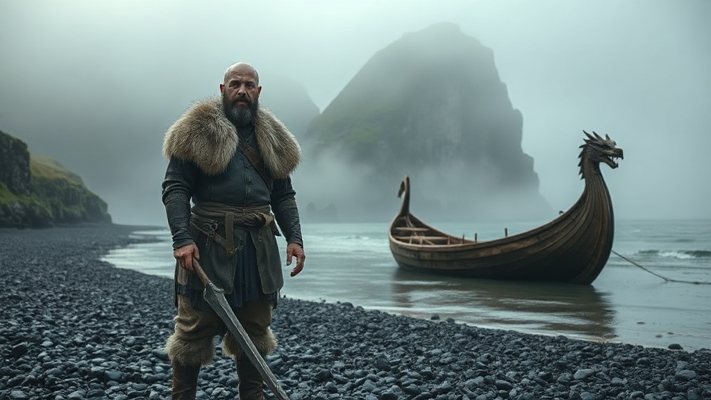 A cinematic hero wide-shot of a rugged 9th-century Vik — AEC42C