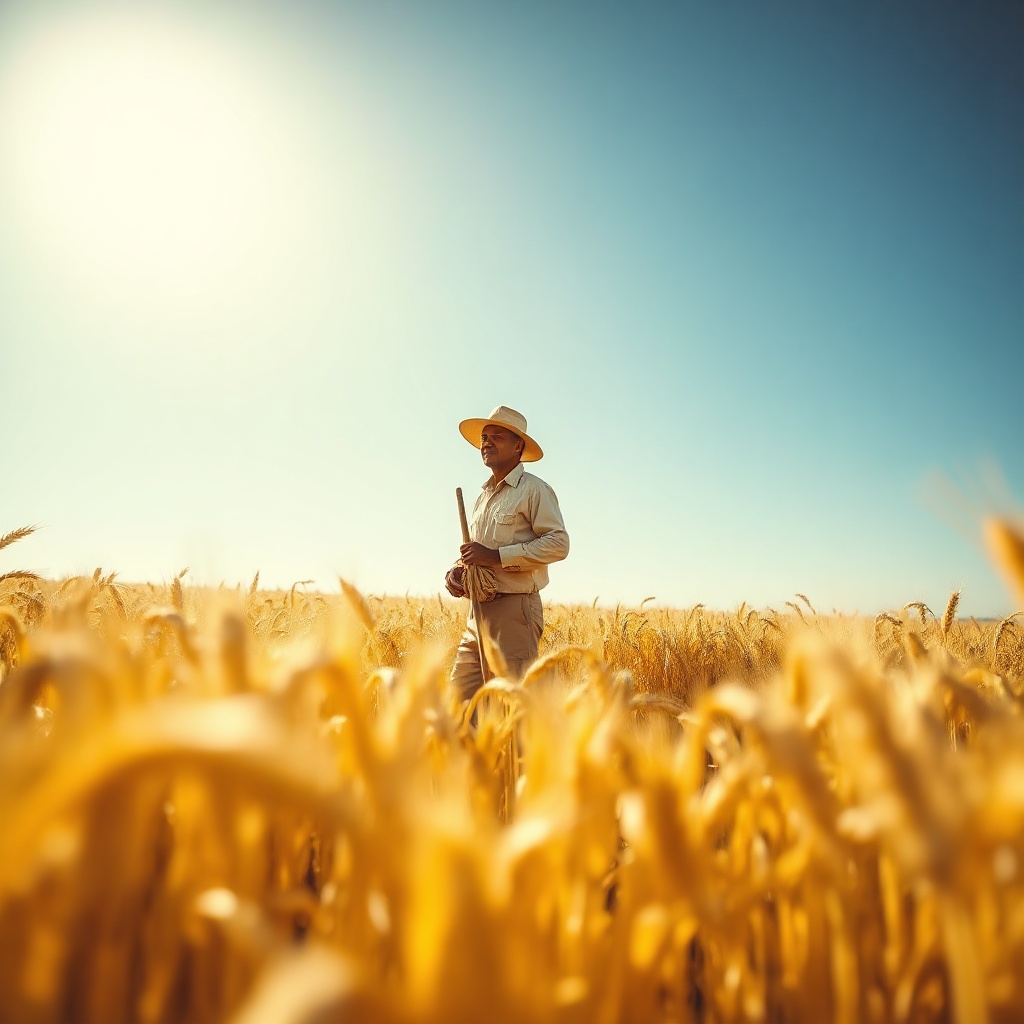 A single worker standing in a vast golden wheat field  — 0A3807